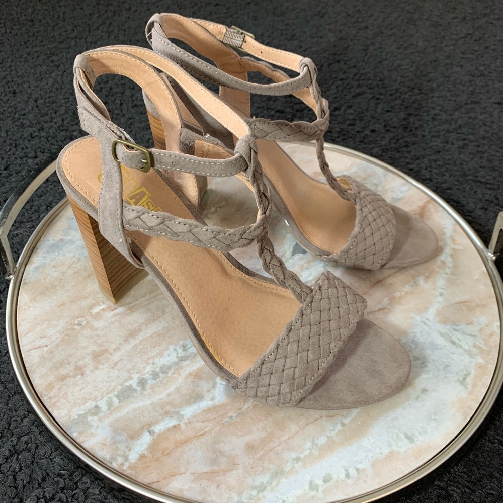 BRASH Braided Ankle Strap Taupe Heel Sandal